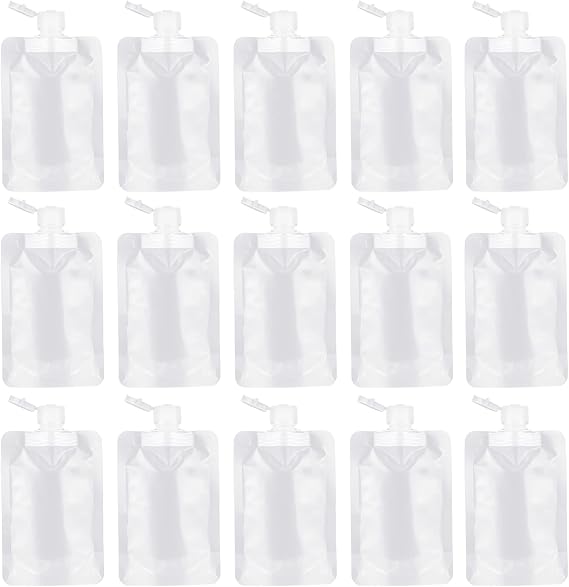 15 Pieces Refillable Squeeze Pouch for Toiletries, 100ml/3.4oz Plastic Flask Travel Size Containers, Leak Proof Empty Squeezable Pouches for Lotion, Shampoo, Liquids