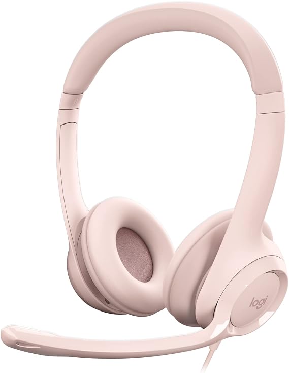 Logitech H390 Wired Over-Ear Microphone Headset, Digital Stereo Audio, Foldable Noise Canceling Microphone, On-Cable Inspections, Pink