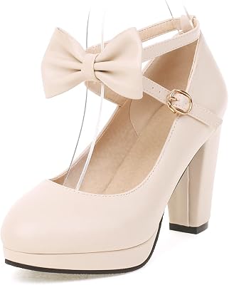 ForeMode Bow Mary Jane Shoes High Heels Closed Round Toe Pumps Leather Summer Sweet Shoe