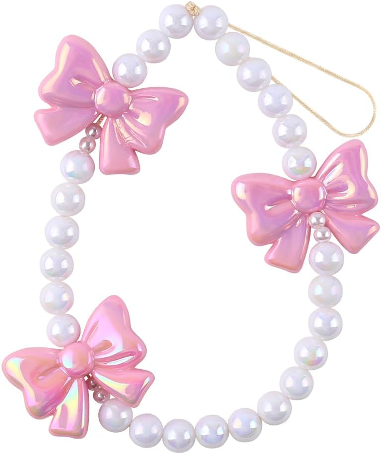Pink Bow Pearl Phone Chain Beaded Phone Charm Phone Wrist Strap for Phone Case Bows Phone Keychain Accessories Cute Keychains Phone Charms Phone Lanyard Wrist Cell Phone Lanyards for Women Bag Charms