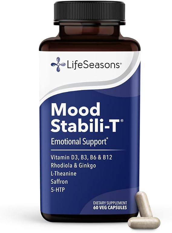 LifeSeasons Mood Stabili-T Emotional Support & Balance Supplement with Saffron, Rhodiola, L-Theanine, 5-HTP & Ginkgo Calm Focus, Stress Support & Positive Mood 60 Veg Capsules