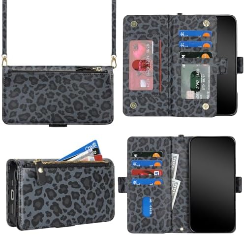 Jaorty for iPhone 17 Pro Phone Case Wallet with Crossbody Strap, Shoulder Necklace Lanyard,flip Cover PU Leather, for Women Men, Zipper Pocket, Kickstand, Card Holder, 6.3" Black Leopard