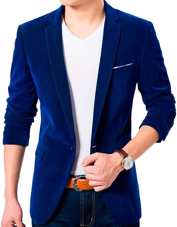 Men's One Button Royal Blue Velvet Blazer Peak Lapel Suit Jacket Slim Fit Casual Coat