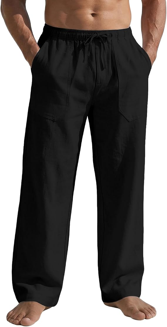 Wangdo Men's Casual Linen Pants Summer Beach Trousers Loose Fit Straight-Legs Elastic Drawstring Waist Yoga Trousers