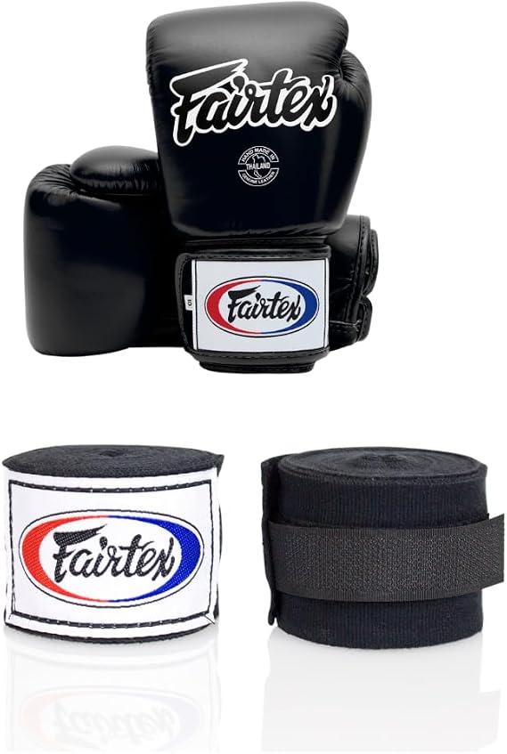 Fairtex BGV1 16 oz Black Glove + Fairtex Muay Thai Handwrap Black 180 inch