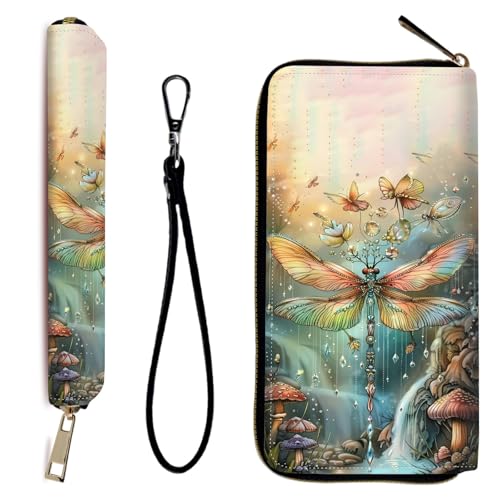 Wallet Women RFID Blocking PU Leather Multi Credit Card Large Capacity Zip Wallet, Ultra Slim Holder Bifold Clutch Coin Travel Purse with Wristlet Wallets for Women Men, Dream Dragonfly