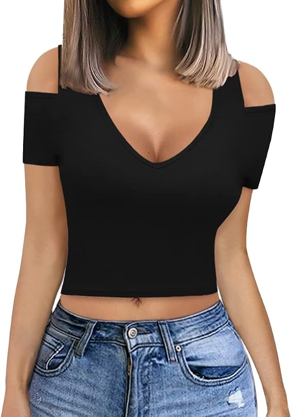 CLOZOZ Womens Sexy Crop Tops V Neck Shirts Short Sleeve Cold Shoulder Fitted Going Out Tops