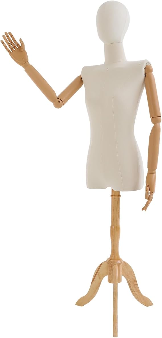 Female Mannequin Dress Form, 61.02-78.74in Height Adjustable Clothing Display Model Body Stand with Head, Retail Mannequin with Triangular Base for Stores, Shops, Exhibition (Beige, Wood Color, Large)