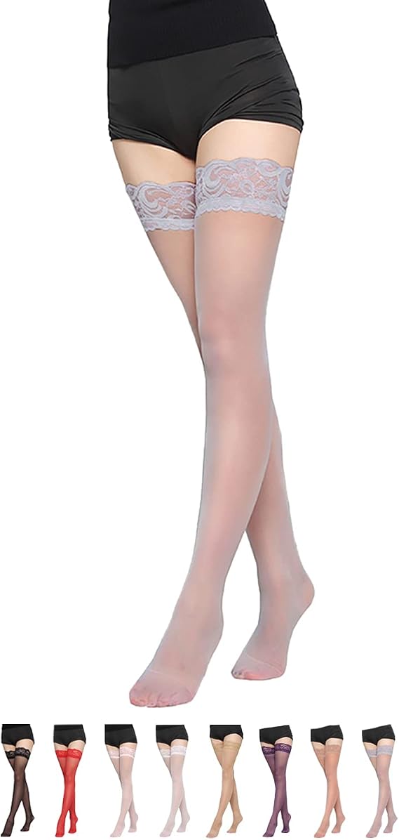 IFNOW Thigh High Stockings Silicone Lace Top Stay Up Silky Semi Sheer Pantyhose for Women Hold Up Nylon