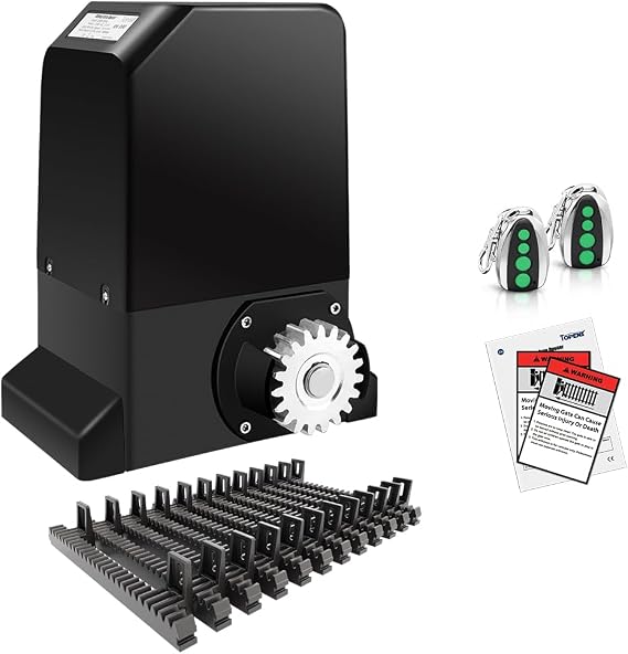 TOPENS RK990T Automatic Sliding Gate Opener Rack Drive Electric Gate Motor for Heavy Driveway Slide Gates Up to 2200 Pounds, Security Gate Operator AC Powered with Nylon Gear Rack and Remote Control