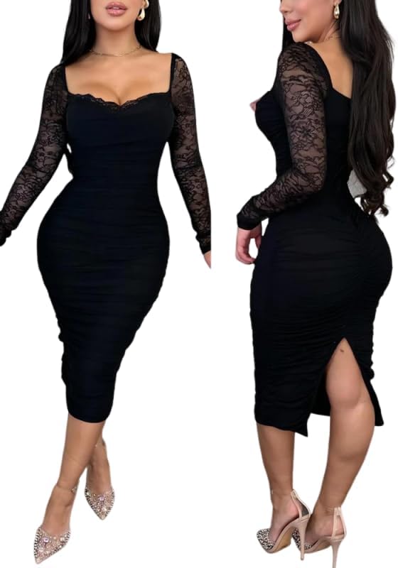 Women's Elegant Bodycon Midi Dress Contrast Lace Long Sleeve Back Slit Slim Fit Bodycon Party Dresses