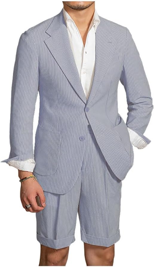 Mens Casual Summer Beach Wedding Shorts Suit Grooms Seersucker Lightweight Seersucker Suit Shorts Set