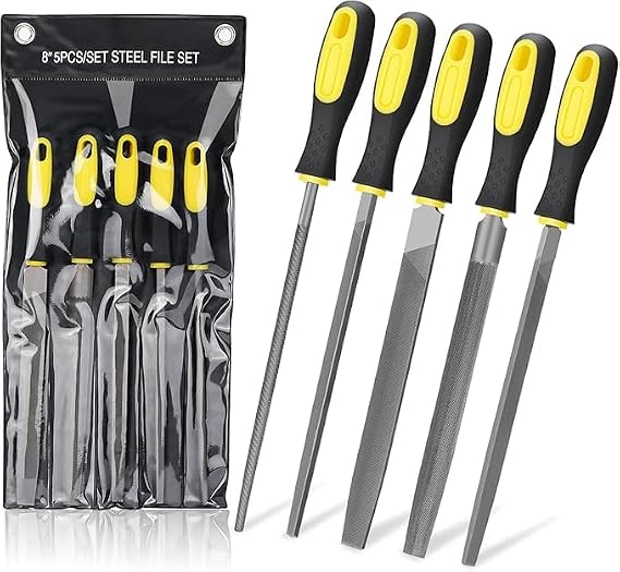AEE® 5 Parça Çelik Premium Eğe Seti – 8'' 33 cm Büyük Boy Çelik Eğe Takımı | Balık Sırtı, Üçgen, Kare, Yuvarlak ve Düz Geniş | Ergonomik Saplı Dayanıklı Metal Ahşap Zımpara Çantalı Eğe Seti