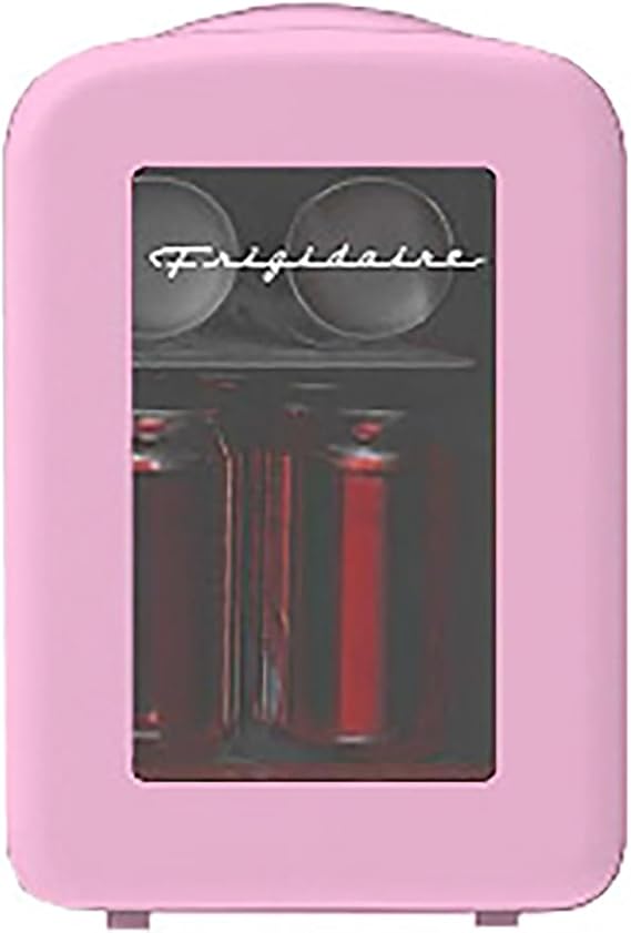 Frigidaire Retro 6-Can Mini Personal Fridge, Transparent Door, Portable Cooler for Car, Office, Bedroom, Dorm Room, or Cabin, Freon-free, 11.8" D x 7.1" W x 10.1" H, Pink