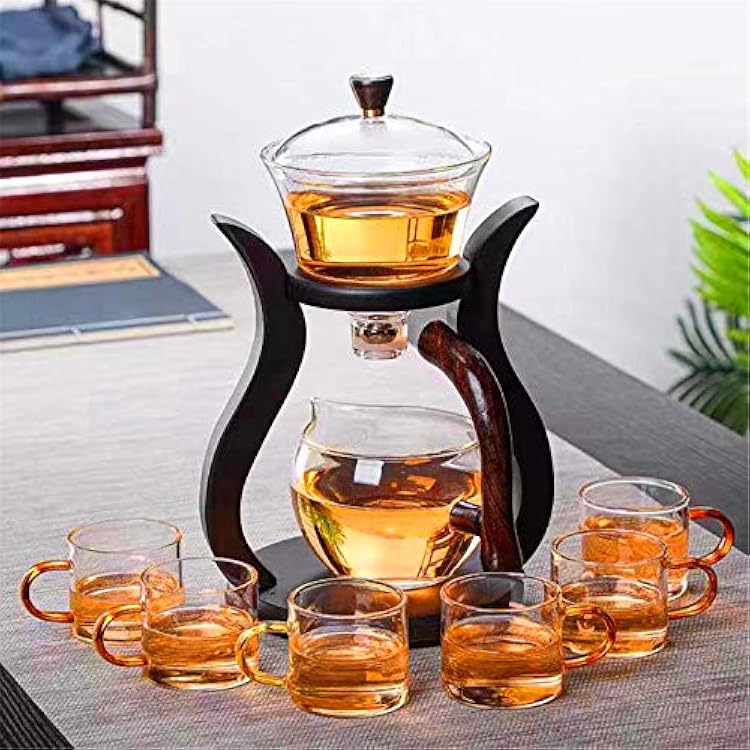 Mozeo Semi-automatic Glass Teapot Suit Rotating Cover Bowl for Attract Water Flow Wooden Glass Teapot Set with 6 bowls Teapot with 6pcs bowl