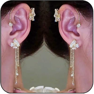 Butterfly Ear Cuffs Earrings Rhinestone Butterfly Flower Ear Wrap No Piercing Tassel Earrings for Women