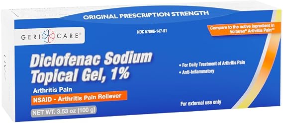 Topical Arthritis Pain Relief Gel Diclofenac Sodium 1% (NSAID) by GeriCare- Hand Wrist Elbow Foot Ankle Knee Extra-Strength Arthritis Pain Reliever- Anti-inflammatory Arthritis Pain Treatment- 3.53oz