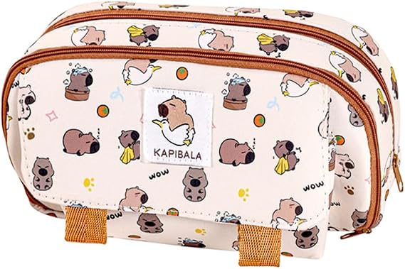 Capybara Cute Pencil Case Pouch, 4-Layer Large Kawaii Pencil Case Cartoon Stationery Organizer for School Teens Boys Girls, Beige Back to School Supplies