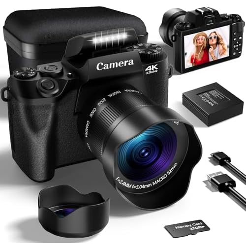 VJIANGER 2024 Upgrade 4K Digital Camera for Photography with 32GB SD Card, 64MP Vlogging Cmaera for YouTube with Front and Rear Camera, Case, WiFi, 3000mAh Battery, 4.0 Touch ScreenBlack