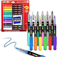 POMAC Acrylic Paint Markers Pens 12 Assorted Colors, Water-Based Paint Markers Brush Tip, No-Bleed Liquid Acrylic Marker Pens Waterproof for Fabric, Canvas, Rock, Glass, Wood, DIY Crafts, Art Supplies