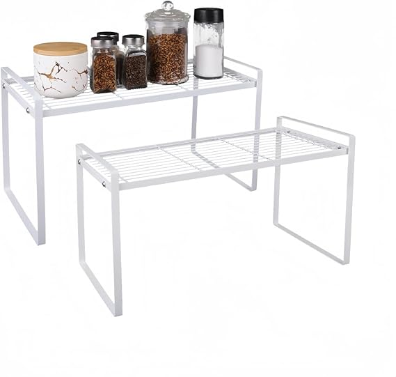 2 Pack Stackable Cabinet Shelf Organizer - Heavy-Duty Coated Metal Storage Rack, Non-Slip Space-Saving for Kitchen Pantry, Under Sink, Cupboard, Countertop (White)