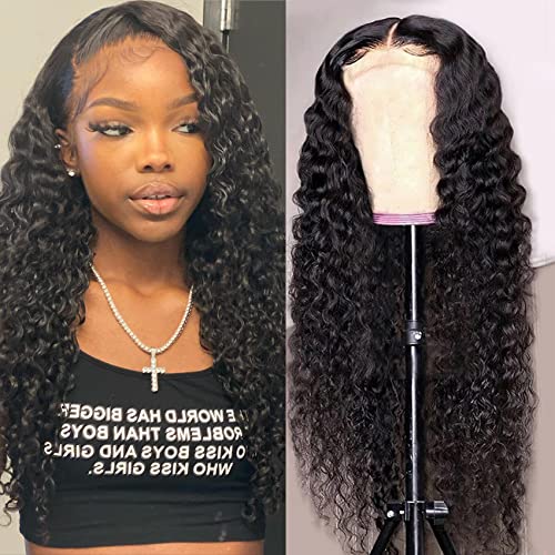 ORIGINAL QUEEN OQ Hair Water Wave Lace Front Wigs Human Hair Pre Plucked 180% Density Brazilian Virgin Human Hair Wigs for Women 4x4 HD Lace Closure Wigs Black Color 20Inches