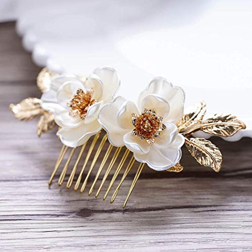 Yean Bride Flower Bridal Hair Comb Gold Leaf Wedding Hair Piece Floral Hair Accessories for Women and Girls Gold