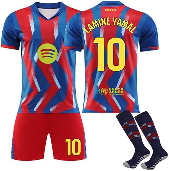 New Away 26 Barsa Red Blue Stripe 10 Lamine Yamal Football Jersey Suit 8 Pedri 9 Lewandowski 11 Raphinha 14 Rashford Jersey Children Kids Boys Men's Sports Training Soccer T-Shirt Outfit Football Set