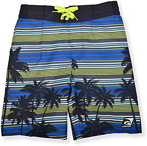 LAGUNA Boys Print Drawstring Boardshorts Swimsuit - Youth Surf Swim Trunks - UPF 50 Party Palm Stripe Blue & Green, Size 8