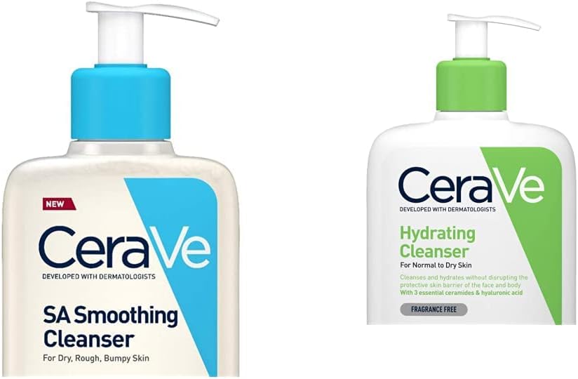 CeraVe SA Smoothing Face and Body Cleanser for Dry, Rough and Bumpy Skin 236ml with Salicylic Acid & Hydrating Cleanser for Normal to Dry Skin 236 ml with Hyaluronic Acid and 3 Essential Ceramides