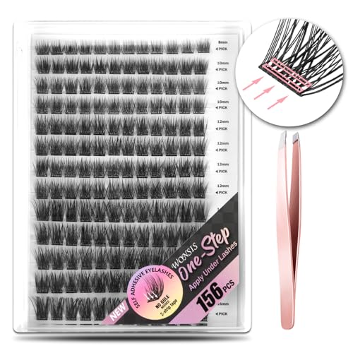Self Adhesive Eyelashes, 156 Pcs Self Adhesive Eyelash Clusters, No Glue Needed, Invisible 2-Strip Tape - Longer Lasting, No Sticky Residue Pre Glued Eyelashes Volume-Mixed