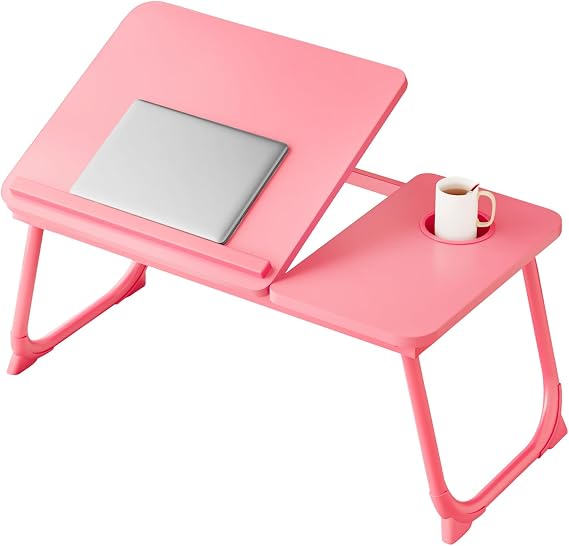 Adjustable Laptop Desk for Bed with 5 Angles | Lap Tray Table with Cup Holder, Portable Foldable Bed Desk for Eating, Working, Writing & Reading (Pink)