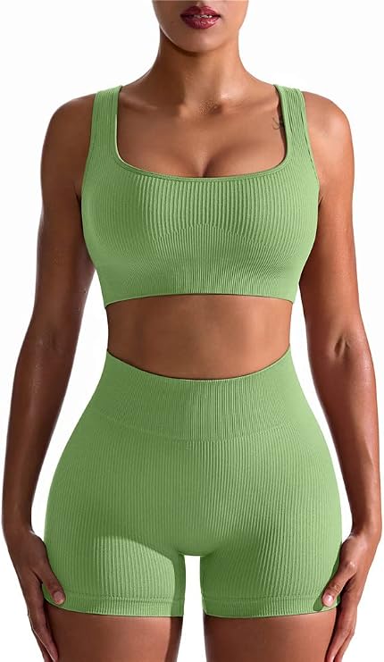 OQQ Workout Outfits for Women 2 Piece Seamless Ribbed High Waist Leggings with Sports Bra Exercise Set...