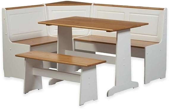 Pemberly Row Patio Conversation Indoor 3 Piece Kitchen Corner Nook Table Booth Bench Breakfast Dining Set in White