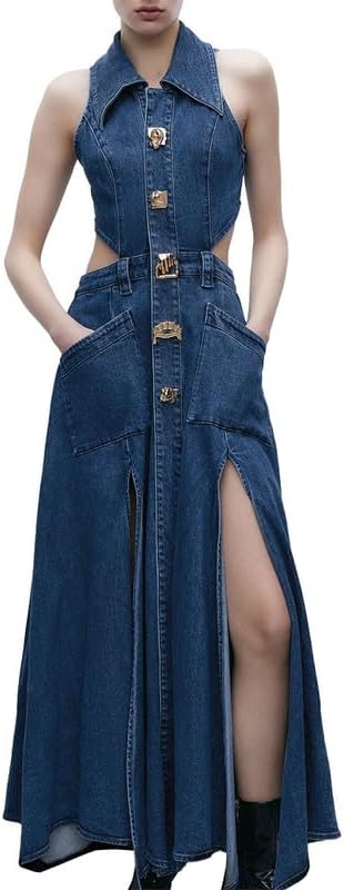 URBAN REVIVO Women's Blue Halter Neck Sleeveless Denim Maxi Dress Cutout Waist Split