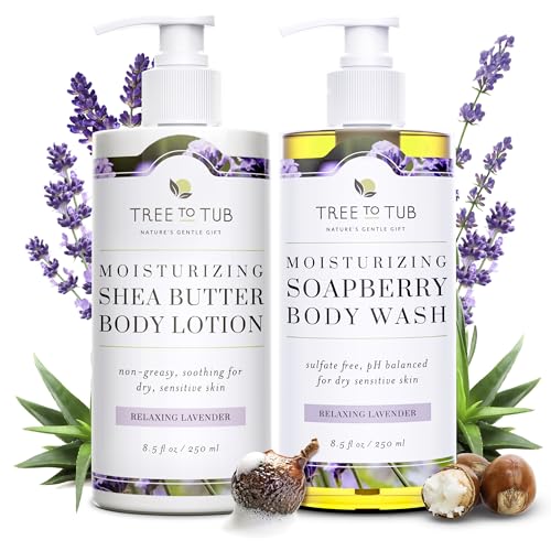 Tree To Tub Lavender Shea Butter Body Lotion for Dry Skin & Lavender Body Wash for Sensitive Skin and Dry Skin - Moisturizing Sensitive Skin Lotion & pH Balanced Moisturizing Body Wash for Women & Men