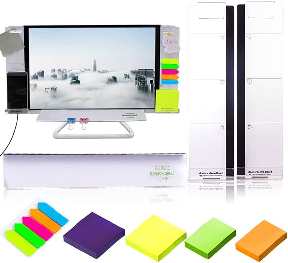 Daily Treasures Acrylic Monitor Memo Board, 2pcs Computer Monitor Side Panel(Left+Right),1pcs Message Memo Pad Shelve + 4Pcs Sticky Notes & 1 Sheet Index Tab for Office Home Desk Organizer Phone Holder