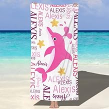 Hoomall Personalized Beach Towels for Kids Custom Name Pool Towels Pink Dolphin Bath Towel Microfiber Quick-Dry Beach Towels for Kids Gift for School Company Party