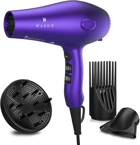 Wazor 3rd Generation Lightweight Low Noise Hair Dryer,(1875W Tourmaline Ceramic Negative Ionic Blow Dryer 2 Speed 3 Heat Settings Cool Shot with Diffuser Concentrator(Purple)