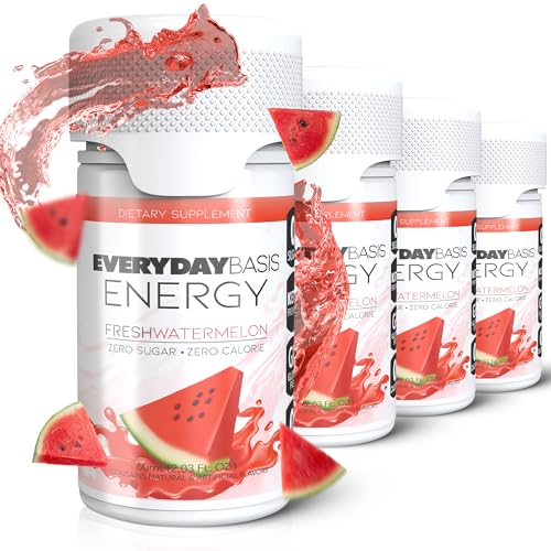 Everyday Basis Energy Shots - Natural B12 Vitamin Energy Shot Bottles with Amino Acids - Made with Monk Fruit, Sugar Free and Zero Calories - Includes Four 4 2oz Watermelon Caffeine Shots