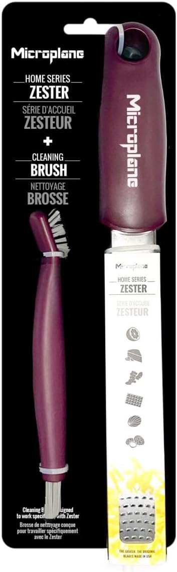 Microplane Home Series Zester & Cleaning Brush - Stainless Steel Citrus, Cheese, Ginger, Chocolate, Nutmeg Grater - Soft-Touch Handle - Made in USA - Plum Rose
