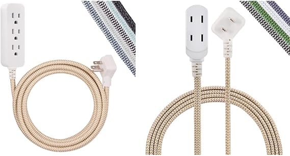 Cordinate Designer 3-Outlet Power Strip, Brown/White, 37916 & Designer 3-Outlet Extension Cord, 8 Ft Braided Cable, 2-Prong Power Strip, Slide-to-Close Safety, Tan/White, 41891-T1