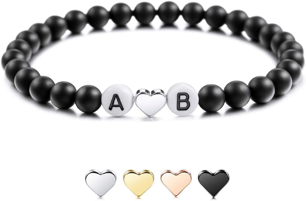 MeMeDIY Personalized Initial Bracelet Engraved Letter Bead Bracelets for Boyfriend Girlfriends Couples Women Men Custom Ankle Bracelet Black Natural Agate White Turquoise with Heart Handmade Gifts
