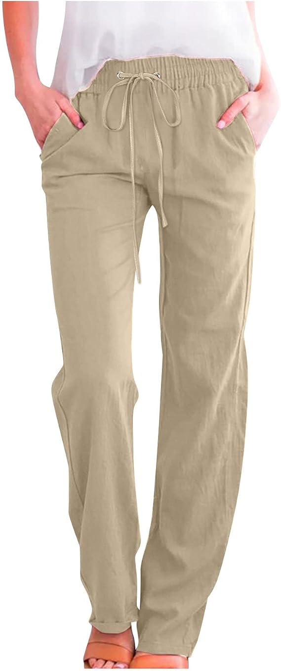 Linen Pants Women Lightweight Elastic Waist Trousers Summer Fall Outfits
