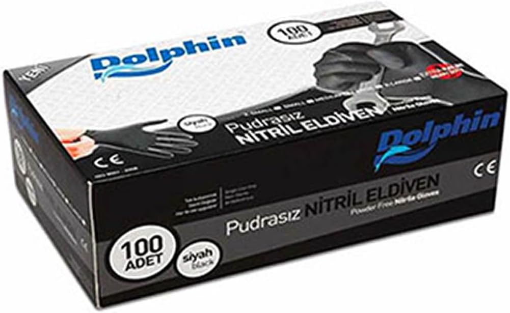 Dolphin Siyah Nitril Eldiven Pudrasız Kalın (XL) 100 Adet