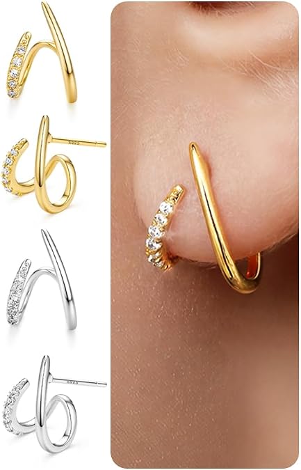 2 Pairs Stud Earrings for Women, 16K Plated Silver Gold Earrings for Women Trendy S925 Sterling Silver Post, Dainty Hypoallergenic Earring Jewelry with Clear CZ No Tarnish