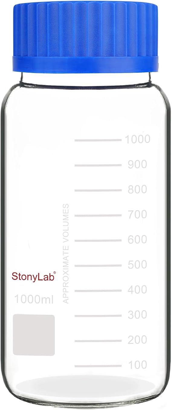 stonylab Graduated Storage Bottle, Premium Glass Round Reagent Bottle with GL80 Screw Cap, High Transparency Wide Mouth Media with Clear Scale, for Laboratory Use, 1000 ml