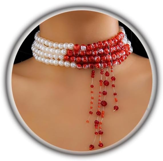 Dripping Blood Pearl Choker Necklace for Women Multiply Layer Halloween Pearl Necklaces Gothic Vampire Party Costume Jewelry Gifts
