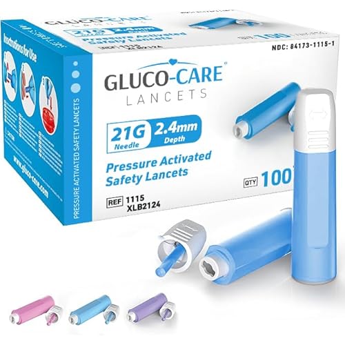 GLUCO-CARE Safety Lancets, Contact Activated Lancing Device, 21Gx 2.4mm, Pre-loaded, Sterile, Box of 100, Automatic Tip Retraction, Gentle Sampling, Easy 3-Step Operation