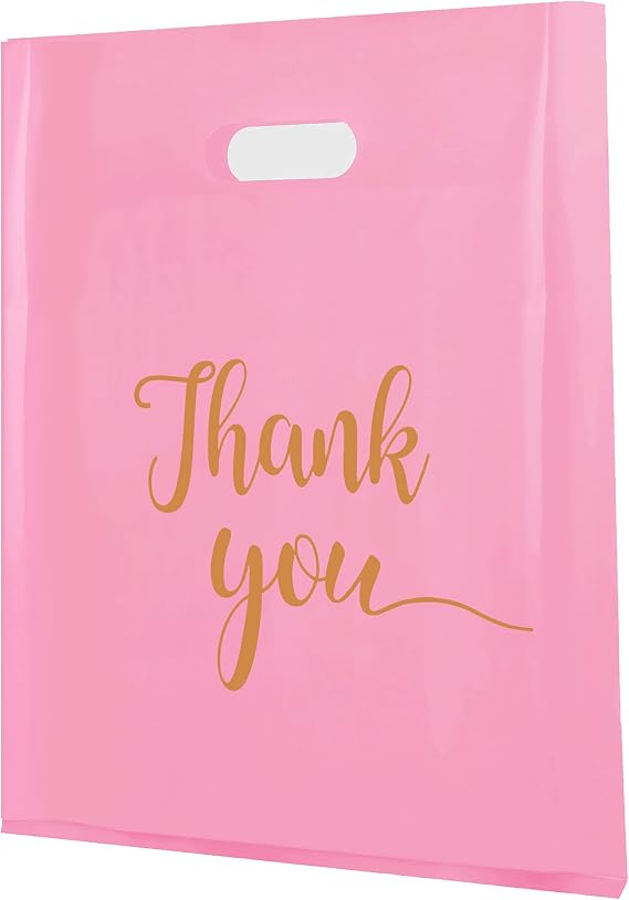 MUKOSEL 100Pcs Thank You Merchandise Bags, Extra Thick 2.36 Mil 12x15 In Retail Shopping Bags for Goodie bags Party Stores Boutique Clothes Business Gift, Reusable Plastic Bags with Handle (Pink